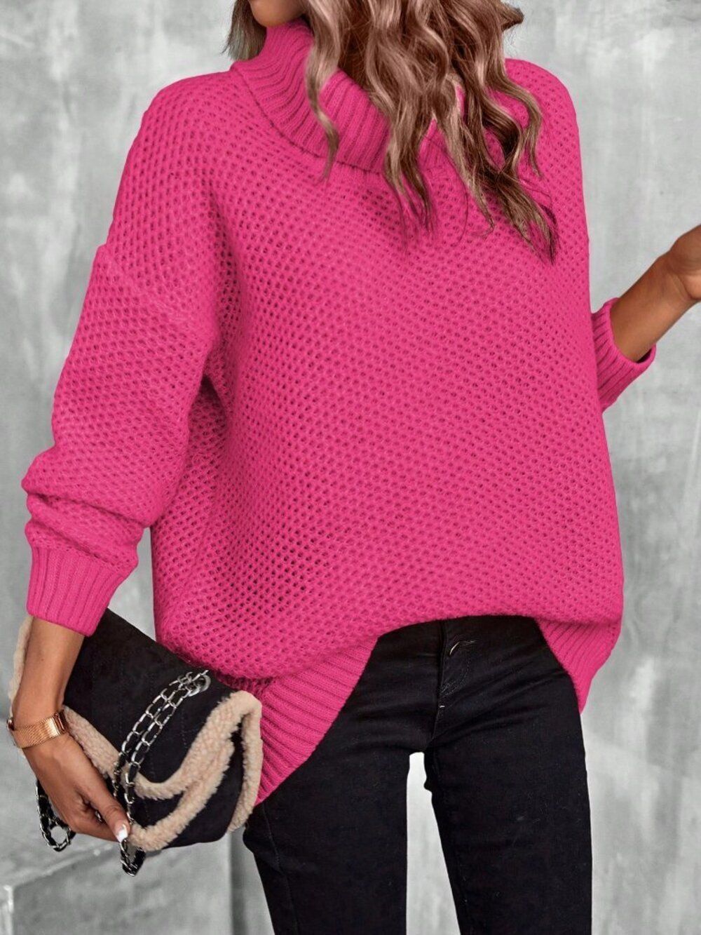 Hot Pink Casual Minimalist Women's Long SleeveKnit Pullover Sweater
